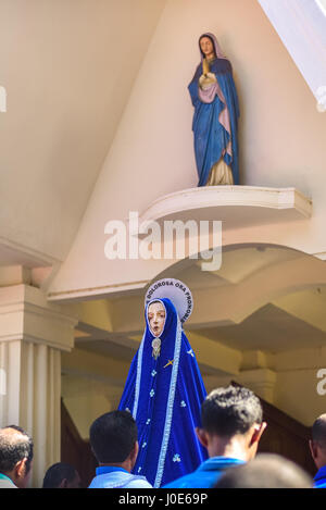 Tuan Ma (Mother Mary) statue brought into the Roman Catholic Cathedral during Holy Week procession in Larantuka, Indonesia. Stock Photo