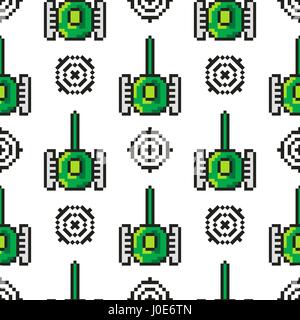 Pixel art vector objects to create Fashion seamless pattern. Background with tanks, target for boys. trendy 80s-90s   style Stock Vector