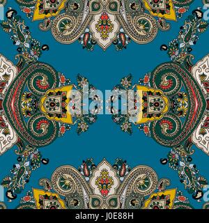 Seamless abstract geometric kaleidoscope paisley pattern. Traditional oriental ethnic ornament, on petrol background. Textile design. Stock Vector