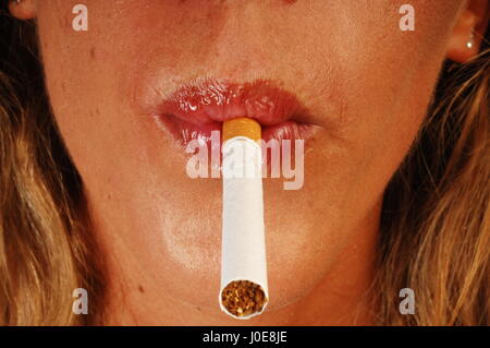 Dependence. Addiction. Woman Smoke Cigarette Stock Photo