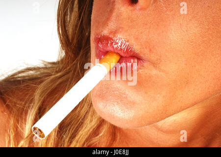 Dependence. Addiction. Woman Smoke Cigarette Stock Photo