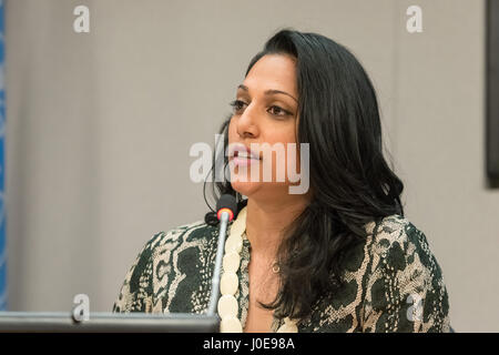 New York, New York, USA. 11th Apr, 2017. Penny Abeywardena, the NYC Mayor's Office Commissioner for International Affairs, is seen at a press conference regarding the World Ocean Festival. United Nations General Assembly President Peter Thomson, NYC Mayor's Office for International Affairs Penny Abeywardena and Global Brain Foundation CEO/Founder Natalia Vega-Berry spoke at a press conference at UN Headquarters in New York regarding the upcoming World Ocean Festival (June 4) which will be held in New York City immediately before a five-day high-level Ocean Conference (June 5-9) at UN Headquart Stock Photo