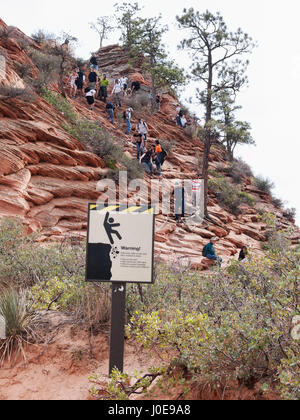 Hikers climb a steep hill that leads to Angel's Landing in Zion National Park. A warning sign stands in the foreground. Stock Photo