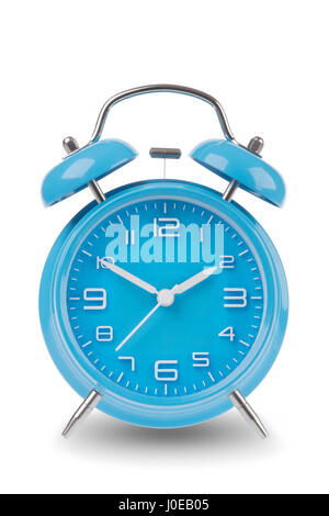 Blue alarm clock with the hands at 10 and 2 isolated on a white background Stock Photo