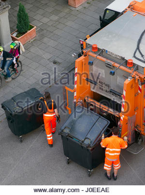 Germany, garbage collection, men, bins, emptying, garbage truck Stock ...