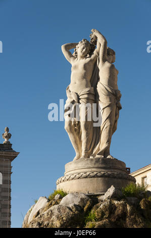 France, Montpellier, Place de la Comedie, Fountain of the Three Graces Stock Photo