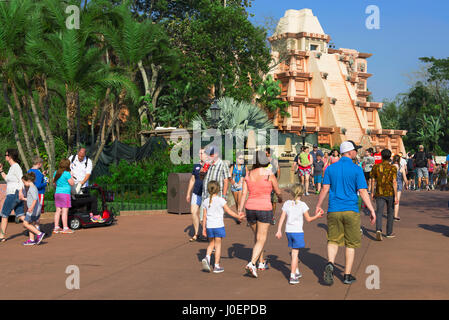 People, Family walking at Epcot, Mexico Pavilion, Disney World, Orlando Florida Stock Photo