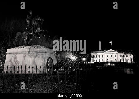 The view of The White House and The Washington Monument on a clear winter night in Washington, D.C.. (Digitally altered black and white) Stock Photo