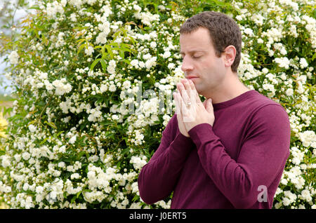 Side profile of man praying with his hands together in front of white flowers on a bush. Stock Photo