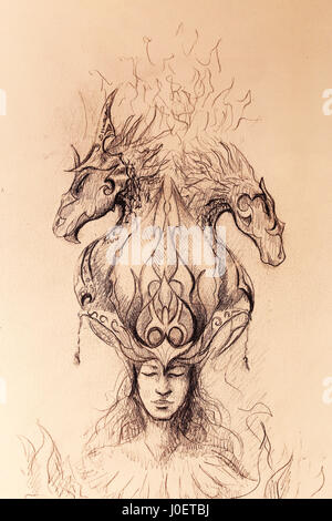 Man in mystic fire and ornamental dragons, pencil sketch on paper. Stock Photo