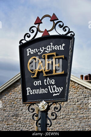 Signboard, Pen-y-Ghent Cafe on the Pennine Way. Horton-in-Ribblesdale, Craven, North Yorkshire, England, United Kingdom, Europe. Stock Photo