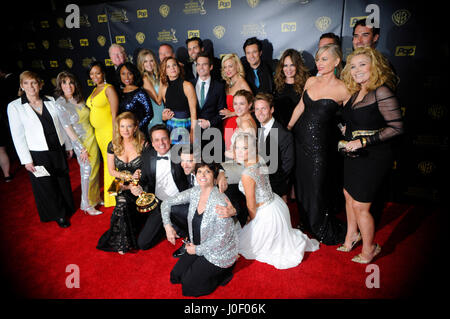 The cast of 'The Young and the Restless' pose in the press room at The 42nd Annual Daytime Emmy Awards at Warner Bros. Studios on April 26th, 2015 in Burbank, California. Stock Photo