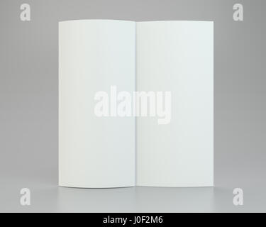 Blank folded leaflet white paper. 3d rendering. Gray background Stock Photo