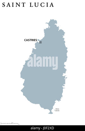 Saint Lucia political map with capital Castries. Caribbean island country and part of the Lesser Antilles and Windward Islands. Gray illustration. Stock Photo