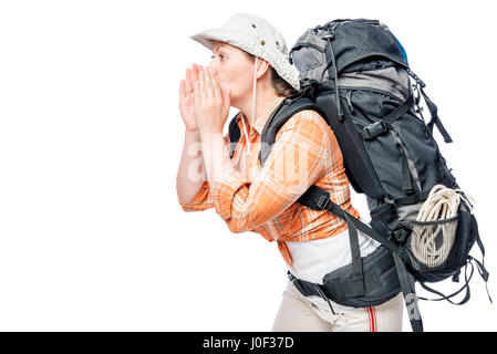 a lost young tourist calls for help, the space on the left Stock Photo