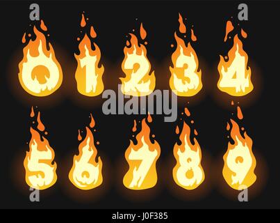Set of burning fiery numbers for hot offers, discounts and global warming or summer themes Stock Vector