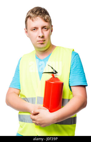 Vertical portrait of a man in a vest with a fire extinguisher on a white background