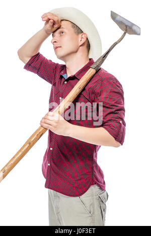 portrait of a tired haggard farmer with a hoe on a white background Stock Photo