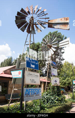 The Windmill Centre signs, Main Street, Clarens, Free State Province, South Afric Stock Photo