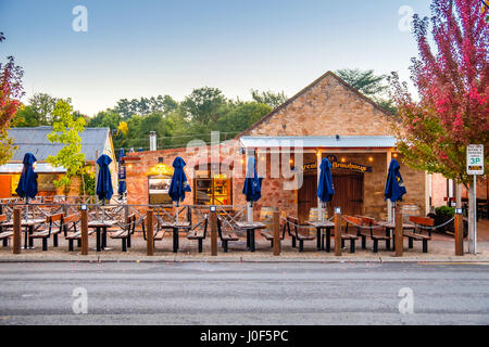 Hahndorf, South Australia - April 9, 2017: Cafe on Main street views of Hahndorf in Adelaide Hills area with shops and cafes during autumn season afte Stock Photo