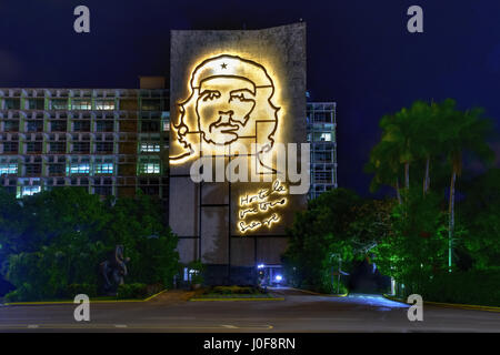 Portrait of Che Guevara on the Ministry of the Interior by the Plaza de la Revolucion in Havana, Cuba at night. Stock Photo