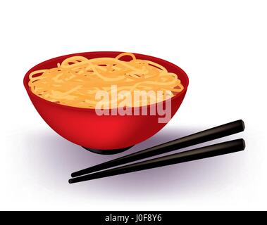 Egg noodle soup in a red bowl and chopsticks Stock Vector