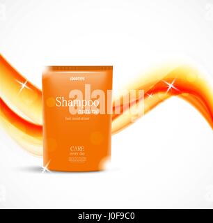 Hair moisturizer cosmetic design template with orange realistic package on wavy soft light lines background. Vector illustration Stock Vector