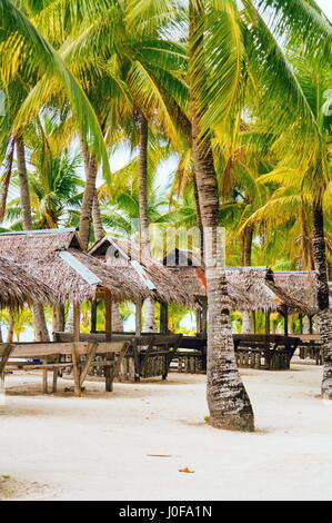 Nipa huts on the white coral sand beach surounded with palms Stock Photo