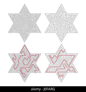 Two different complicated star-shaped labyrinths with red path of solution isolated on white Stock Vector