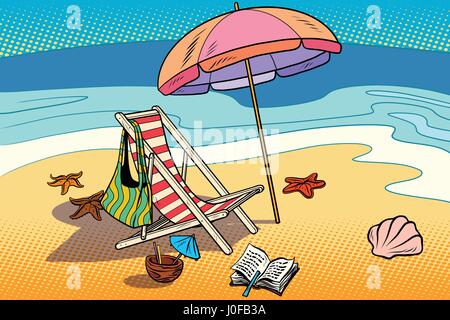 Beach lounger and sun umbrella. Rest on the sea and tourism. Comic cartoon illustration pop art retro vector Stock Vector