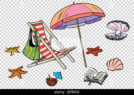 Beach set tourism and leisure on the sea isolate. Comic cartoon illustration pop art retro vector Stock Vector