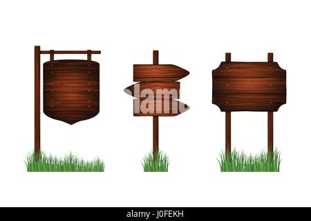 Natural textured wooden signboards . Isolated background .  Blank  sign board for message . Cartoon style  signpost collection . Vector . Stock Vector