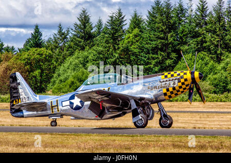 Restored P-51 Mustang fighter from World War II at an Air Show July, 2011. Gig Harbor, Washington. Stock Photo