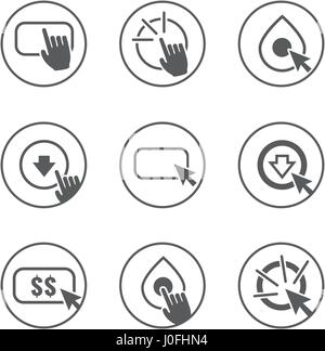 Call to Action Icon Graphics with Buttons, Clicking Hand and Pointers, & Dollar Signs Stock Vector