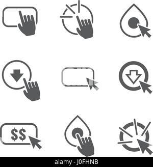 Call to Action Icon Graphics with Buttons, Clicking Hand and Pointers, & Dollar Signs Stock Vector