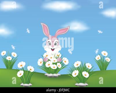Spring background with pink, cute bunny an lovely white flowers on the field. Dragonflies on the blue sky. Stock Vector