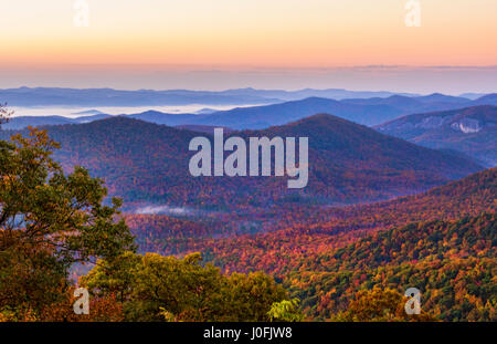 Brevard North Carolina mountains near Asheville Fall Colors Blue Ridge Highway sunrise hills ridges Stock Photo