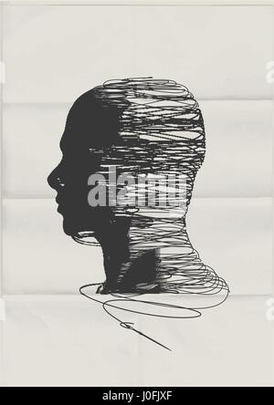 The Human Mind. The shape of a man's head tangled up with threads of string - mental health concept. Stock Vector