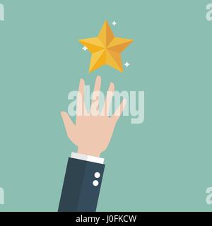 Hand grabbing a golden star. Dream big concept Stock Vector