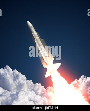 Missile Launch In The Clouds. 3D Illustration. Stock Photo