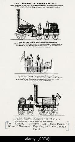 Rocket, Novelty and Sans Pareil steam locomotives, from Mechanics magazine, 28 Nov 1829 Stock Photo