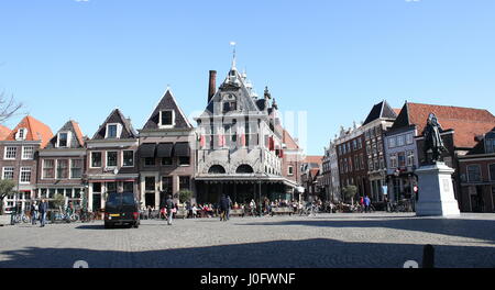 Panorama of Roode Steen square, Hoorn, North Holland, Netherlands with De Waag (1609, Hendrick de Keyser), former weighing house. Statue of J.P. Coen. Stock Photo