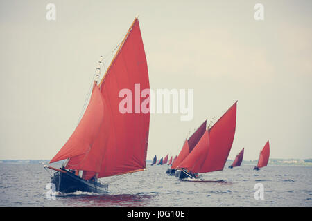 Traditional wooden boat Galway Hooker, with red sail, compete in regatta. Ireland. Stock Photo