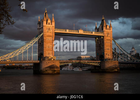 Tower Bridge over the River Thames seen at sunset in London, UK. Stock Photo