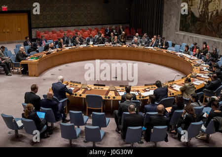 New York, USA. 12th Apr, 2017. The United Nations Security Council convened a meeting for its monthly briefing by UN Special Envoy for Syria Staffan De Mistura. At the Briefing, Mr. De Mistura reaffirmed his belief that the only viable solution to the Syrian crisis must be political -- rather than military -- in nature. Credit: PACIFIC PRESS/Alamy Live News Stock Photo