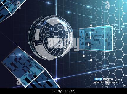 Abstract background with glass sphere, with blue and neon colors and glow and futuristic elements, hexagons, rectangles 3d. Used a clipping mask. Stock Vector