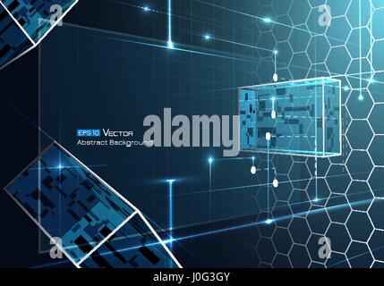 Blue and neon colors and glow and futuristic elements, Abstract backgroumd, hexagons, rectangles 3d. Used a clipping mask. Stock Vector