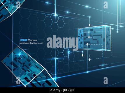 Blue and neon colors and glow and futuristic elements, Abstract backgroumd, hexagons, rectangles 3d. Used a clipping mask. Stock Vector
