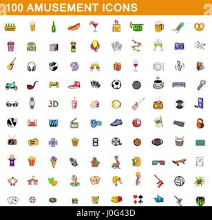 100 amusement icons set, cartoon style  Stock Vector