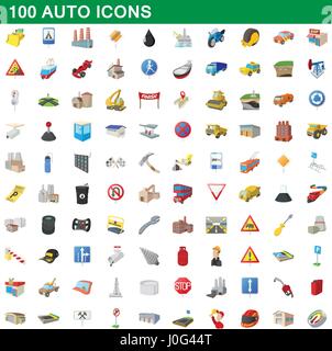 100 auto icons set, cartoon style Stock Vector
